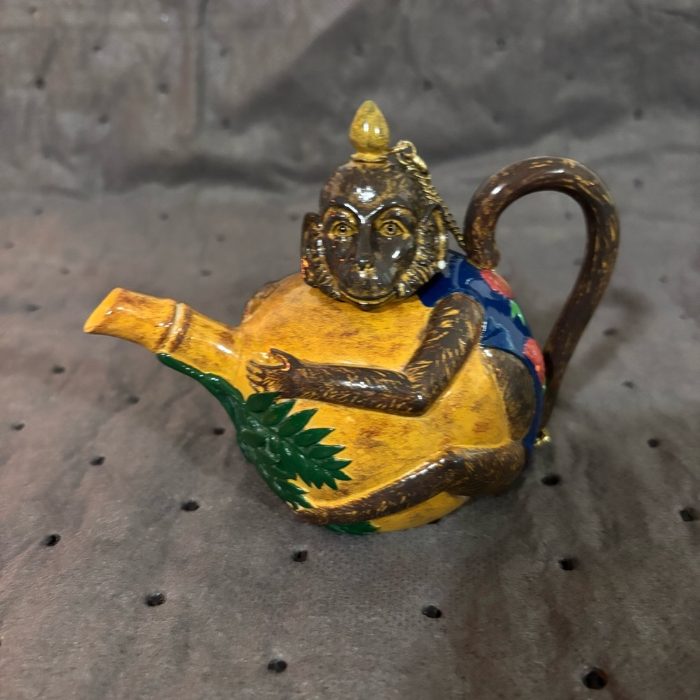 Nini miniature Monkey-Themed hand painted Yellow and Brown resin trinket  Teapot